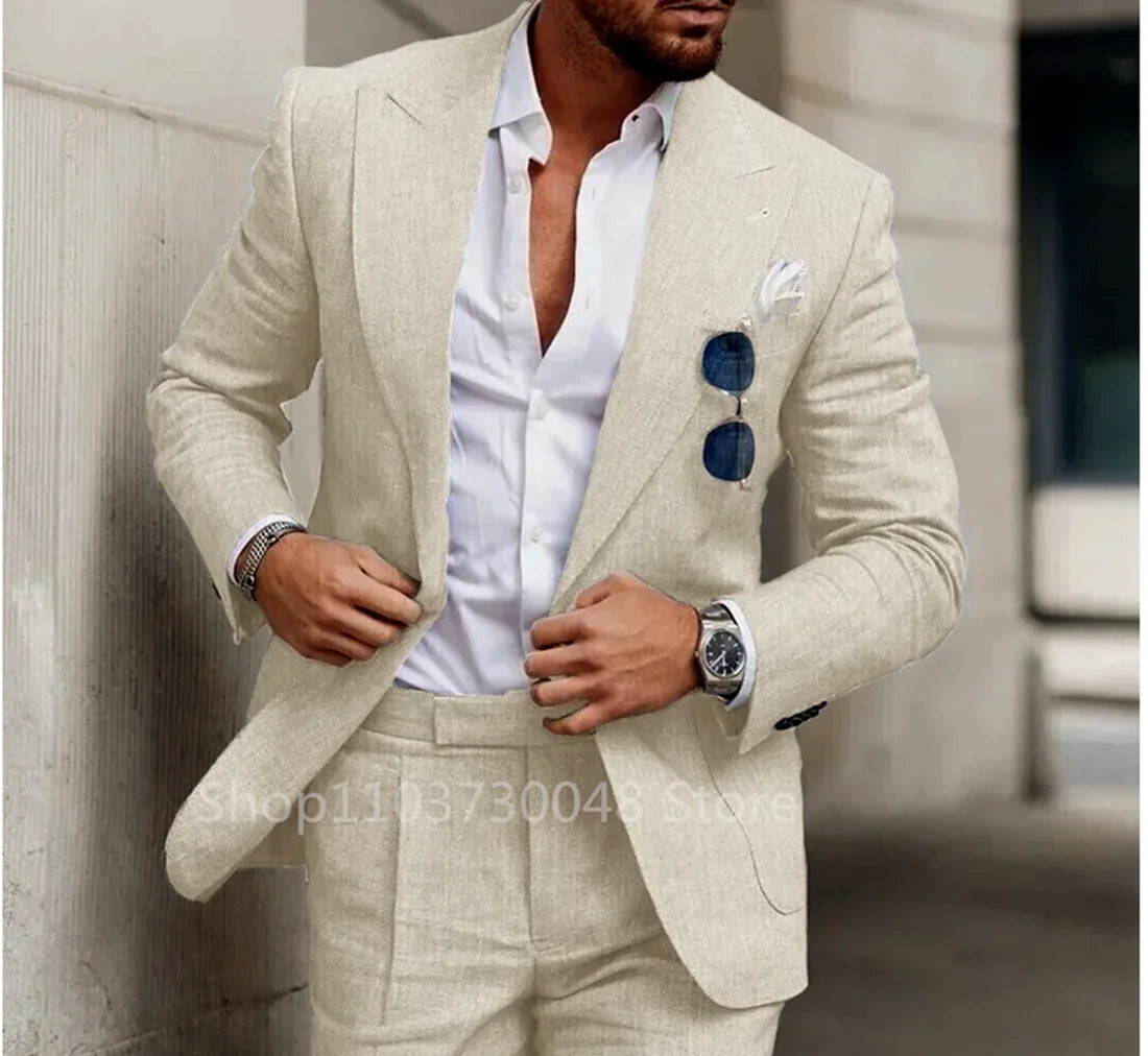 Blue/Beige Linen Men Suits Smart Casual Peak Lapel One Button Slim Fit Blazer Pants High Quality 2 Piece Wedding Costume Homme