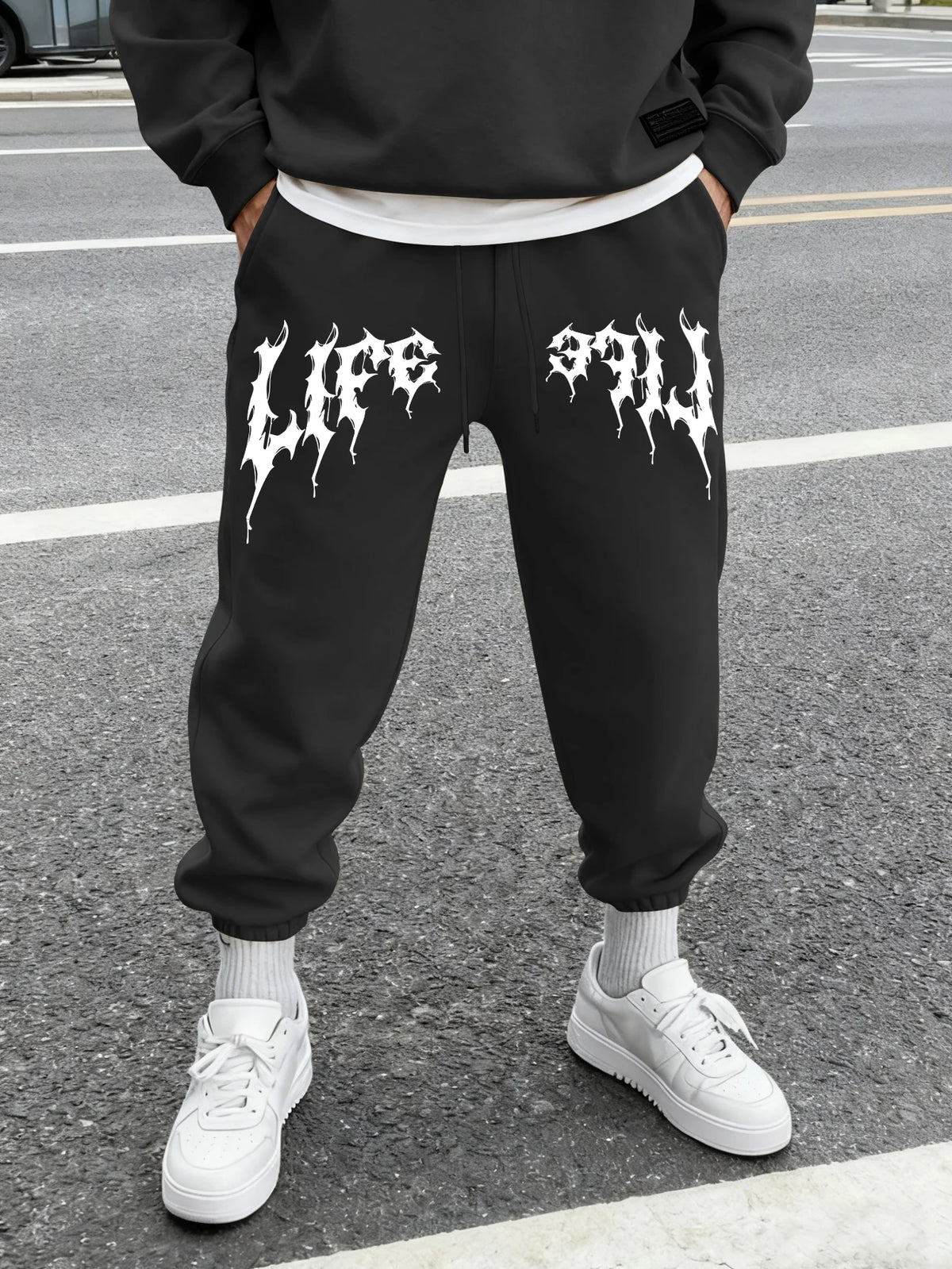 Men's Aesthetic Dark Gothic Letter Art Print Sweatpants Elastic Waist Joggers Cozy Goth Daily Street Fashion Bottoms