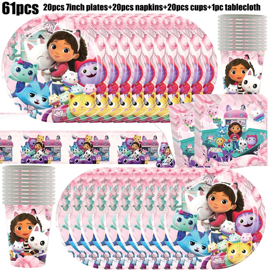 Gabby Dollhouse Birthday Party Supplies Plates Cups Tablecloth Napkins Gabby Cat Birthday Decoration Supply Kit Kids Party Favor