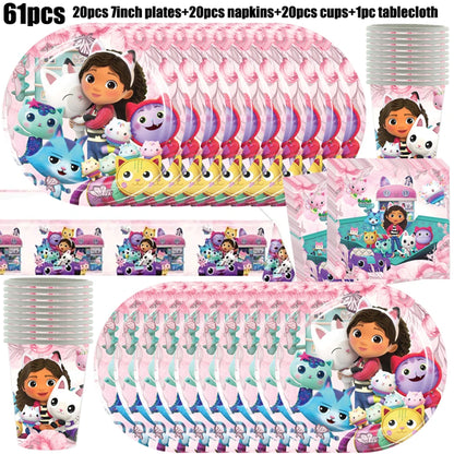Gabby Dollhouse Birthday Party Supplies Plates Cups Tablecloth Napkins Gabby Cat Birthday Decoration Supply Kit Kids Party Favor