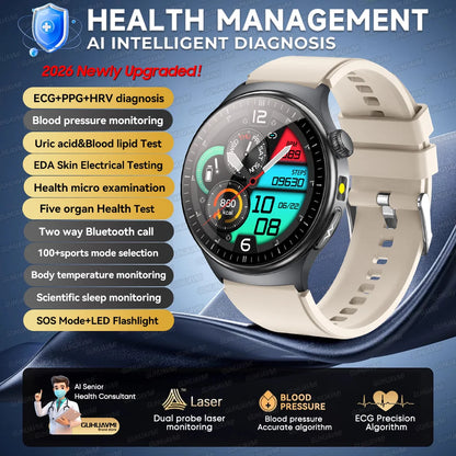 2026 New AI-Diagnosis Care Smartwatch ECG+PPG Accurate Uric Acid Blood Pressure Body Fat Five Organ Fitness Waterproof Smartwatc