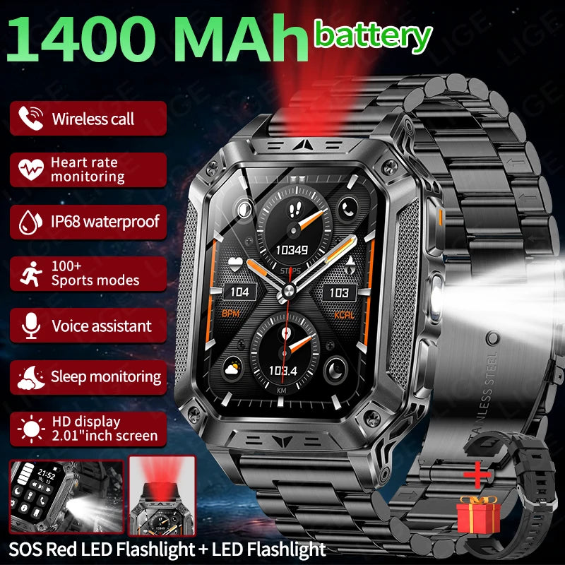 LIGE Wojskowy Inteligentny Zegarek 2.01'' Ekran HD Outdoor Sportowy Męski Zegarek SOS Czerwony Alarm Migająca Latarka Monitor Zdrowia Smartwatch