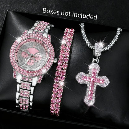 2026 2026 Spring Fashion Quartz Watch Accessories Set for Men and Women, Simple and Trendy Double Row Bracelet Cross Set