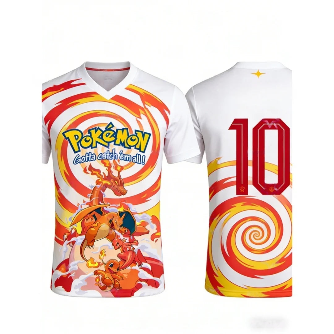 Summer 2026 Pokemon "Fire Evolution Chain" No. 10 Football Sports Theme 3D Printed Breathable T-shirt Adult Parent-child Top