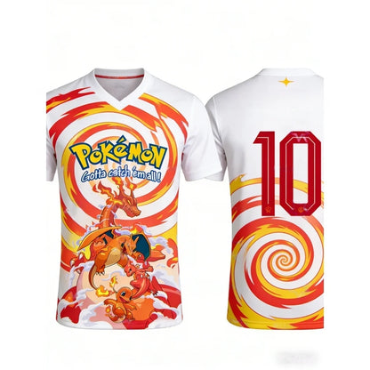 Summer 2026 Pokemon "Fire Evolution Chain" No. 10 Football Sports Theme 3D Printed Breathable T-shirt Adult Parent-child Top