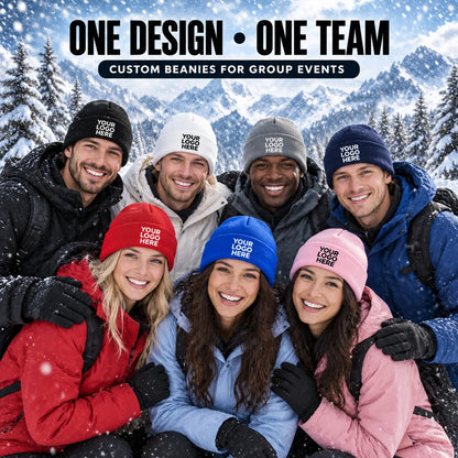 50 custom knit hats, can print personal or team logos, perfect for teams, companies, events, and group gifts