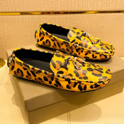 Fashion Red Leopard Leather Casual Shoes Man Designer Tassels Loafers Men Comfortable Slip-on Men's Driving Shoes  Leopard