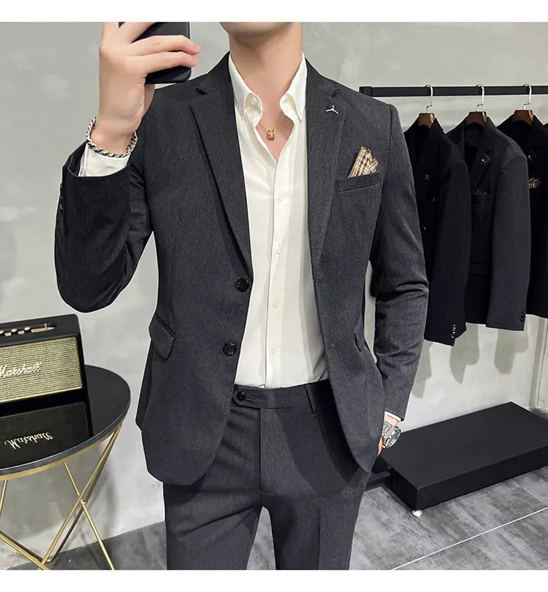 High quality Korean slim fit (suit + trousers) Fashion business handsome casual solid color wedding suit two-piece set