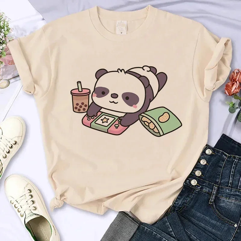 Cartoon Casual Creative T-shirt Vintage Round Neck Clothes Funny Cute Panda Printed T Shirt for Women Summer Sleeve