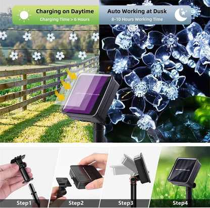 Outdoor Solar Led String Lights Cherry Flowers  Light Strings 8 Lighting Modes Solar Lamp for Camping Wedding Christmas Decor