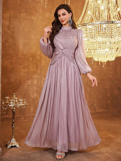 TOLEEN Women's Stand Collar Waist Twist Beaded Sequin Embellished Elegant Long Lantern Sleeve Shift Dress Wedding Spring Party