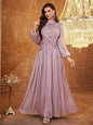 TOLEEN Women's Stand Collar Waist Twist Beaded Sequin Embellished Elegant Long Lantern Sleeve Shift Dress Wedding Spring Party