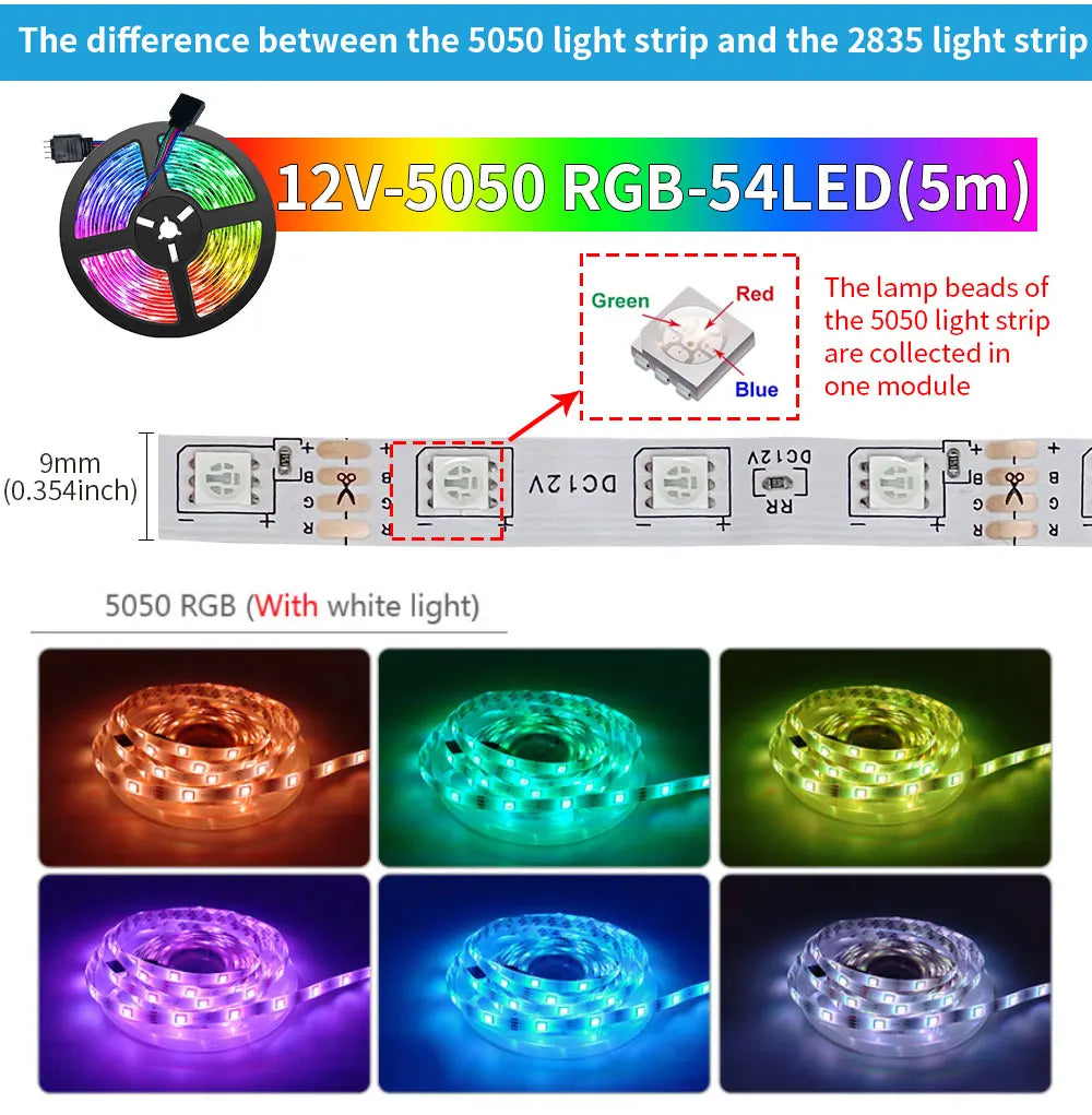 5M USB Led Strip Lights RGB 2835 60 LED Bluetooth APP Control Luces Led Flexible Diode Decoration For Living Room Lamp Ribbon