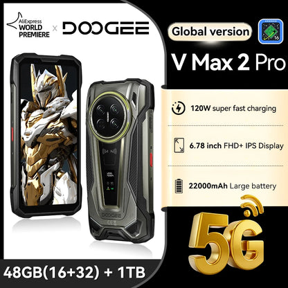 World Premiere DOOGEE V Max 2 Pro 5G Rugged Phone 6.78" FHD+ IPS 120Hz Display 48GB+1TB 22000mAh 200MP 120W Smartphon Android 16