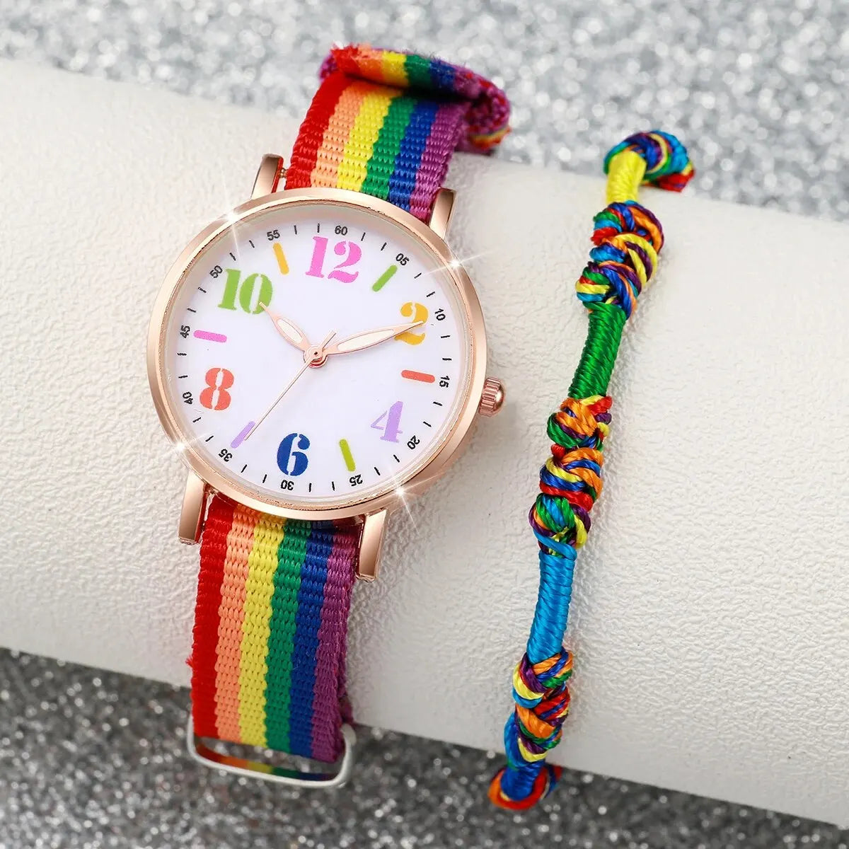 2pcs Set Fashion Rainbow Color Ultra-thin Canvas Strap Classic Men's Watches Colorful Bracelet Set