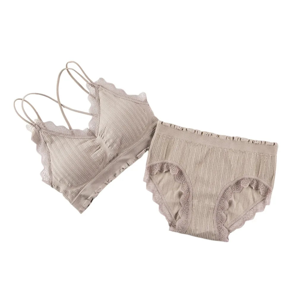 1Set Casual Lace Women Seamless Bra Set V-Neck Breathable Underwear Set Comfortable with Bra Pads Lingerie Set
