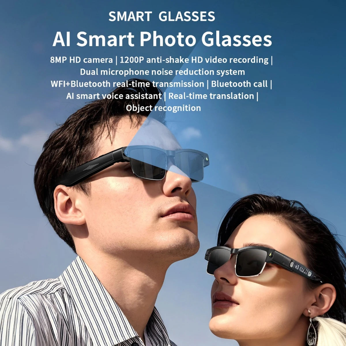 Okulary AI Smart Camera HD Tłumaczenie w Czasie Rzeczywistym Bezprzewodowe Bluetooth Połączenia Dotykowe Sportowe dla Mężczyzn Muzyczne Okulary z Tłumaczem Języka