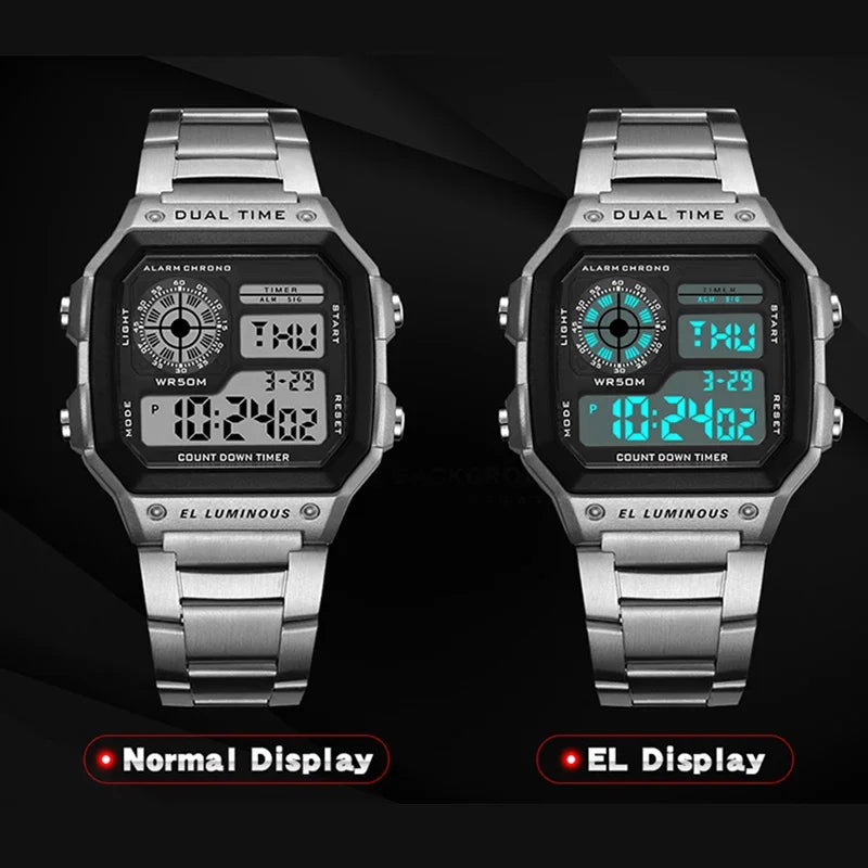 YIKAZE Luxury Men's Business Watch Stainless Steel Strap Men Digital Watch Luminous Multifunction Sports Electronic Wristwatch