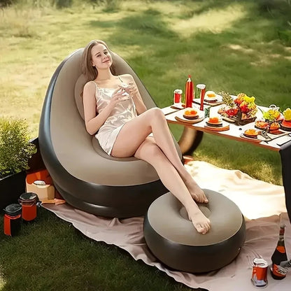 Lazy Couch Sofas Inflatable Chair Foldable Recliner Outdoor Sofa Bed Footstool Portable Folding Air Bed Lunch Lounge Chair Set