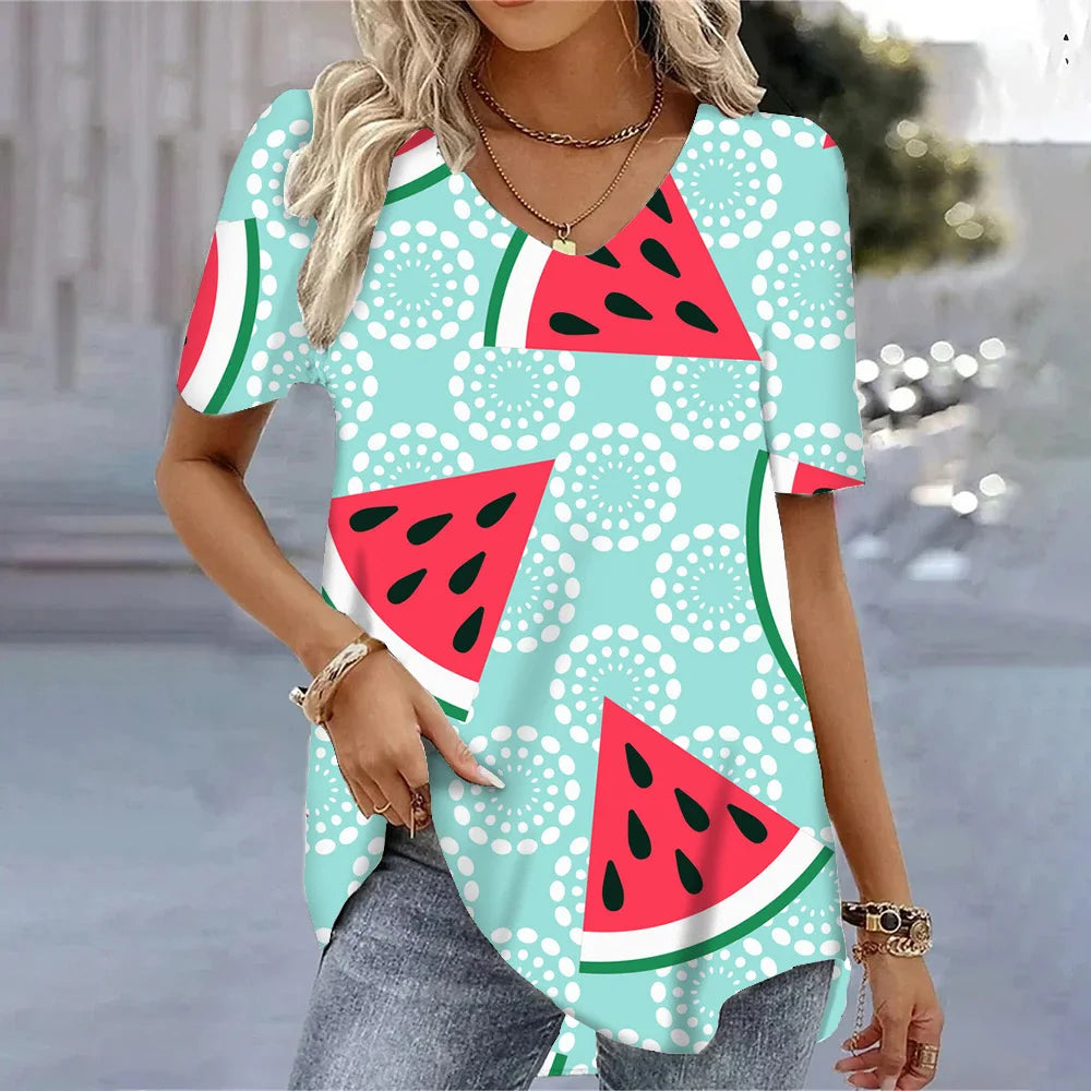 3D Watermelon Printed Women's V-neck Tee Shirts Summer Cool Short Sleeves Tops Fashion Casual Loose Pullovers Female T-shirts