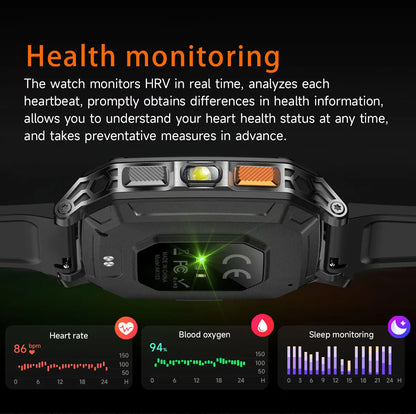 New Rugged Military Smart Watch Men 1400 mAh battery 2.01inch Bluetooth Call Health monitoring device LED flashlight Smart watch