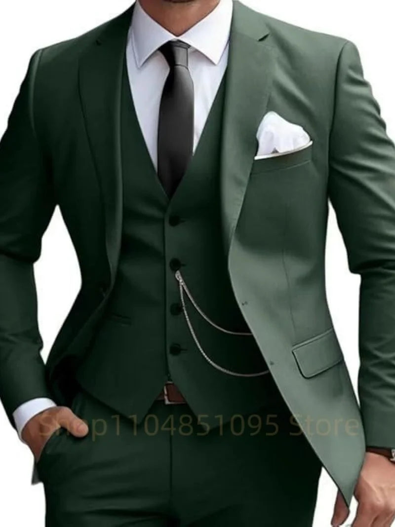 Elegant Mint Green 3 Piece Men's Suit Groom Tuxedos Business Suits Slim Fit Notch Lapel Blazer Vest Pants for Wedding Party Prom