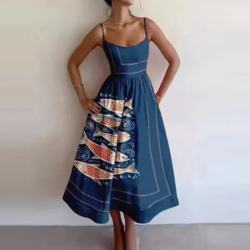 VEITCHE Fashion Women Print Suspenders Blue Ocean Fish Pattern Sexy Long Dress 2025 New Spring Summer Temperament Maxi Dresses