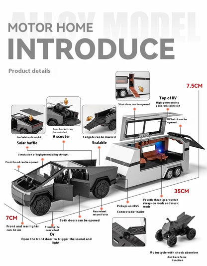 Cyber Truck Pickup Trailer RV Metal Alloy Toy Car Model Die-Casting Off-Road Vehicle Men's Gift Collection Truck Ornaments
