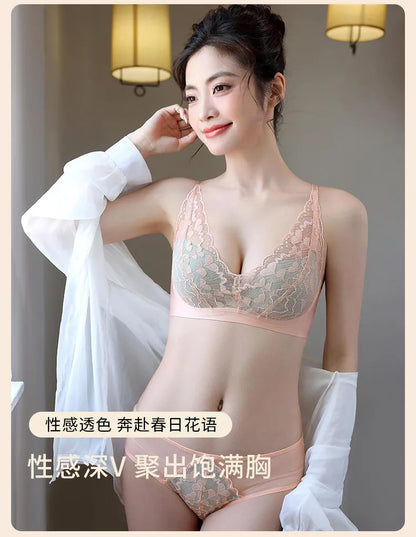 French Sexy Lace Bra and Panty Set for Women, Push Up Wireless Bralette, Comfortable & Breathable Small Chest, Bestseller MOYISU