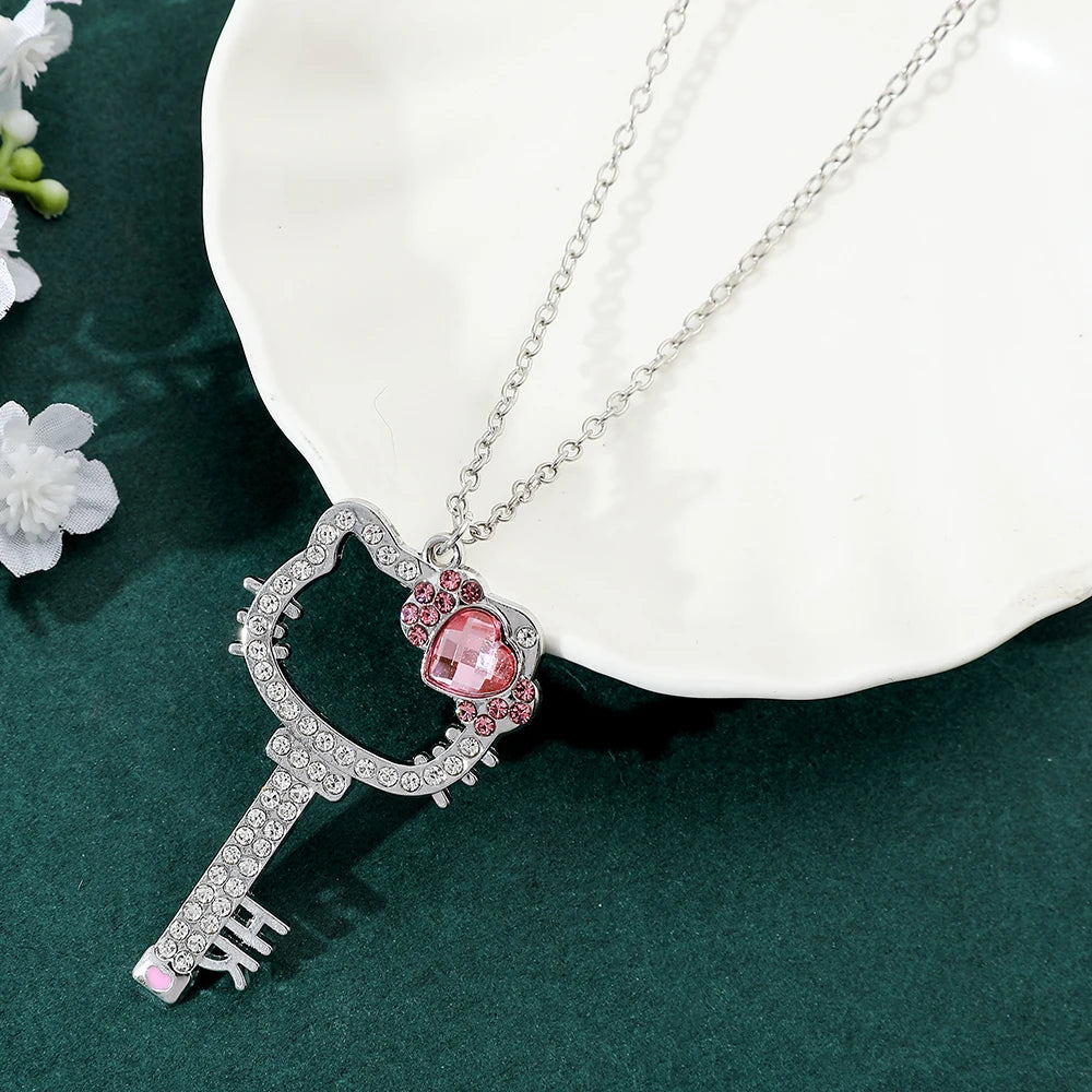 Kitty Cat Necklace Anime Pink Peach Heart Crystal Cat Key Pendant Jewelry Gift for Fans