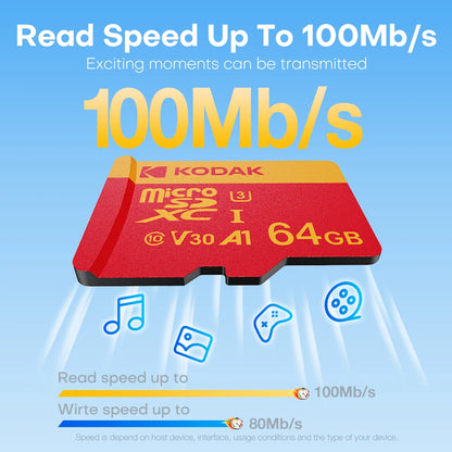 KODAK Micro SD Card U3 V30 128GB 256GB 64GB 4K High Speed TF Card for Phone Camera Drone
