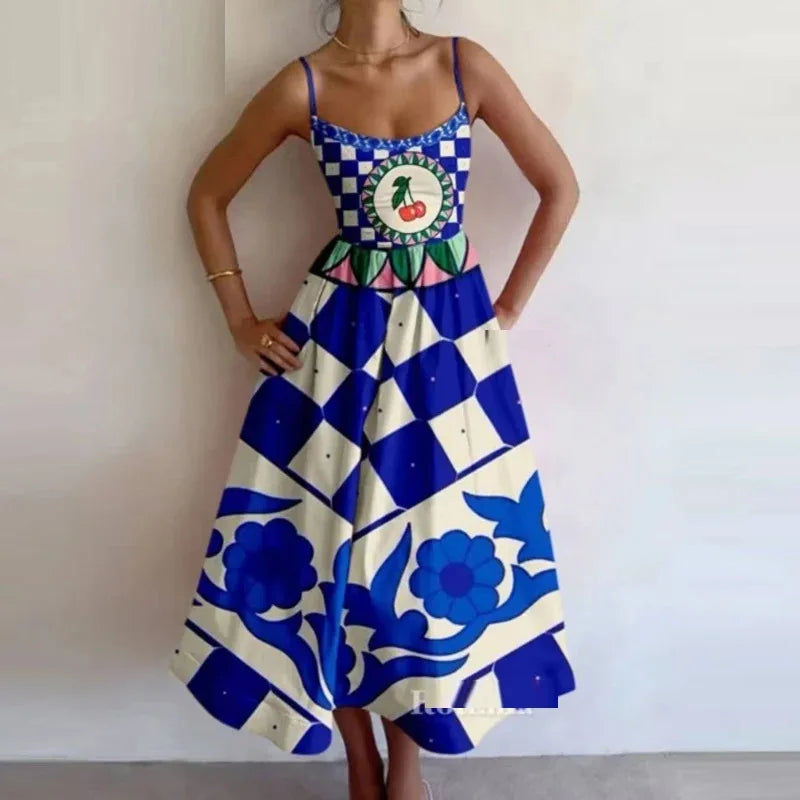VEITCHE Fashion Women Print Suspenders Blue Ocean Fish Pattern Sexy Long Dress 2025 New Spring Summer Temperament Maxi Dresses