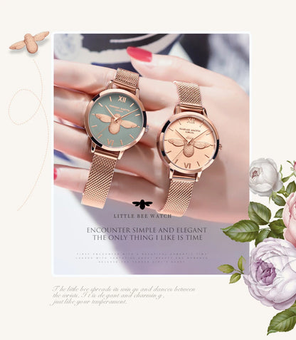 Hannah Martin 2023 New Women Luxury Watch Rose Gold 31mm Classic Casual Girl Dress Watch Bracelet Set 3D Engraved Bee Dial Clock
