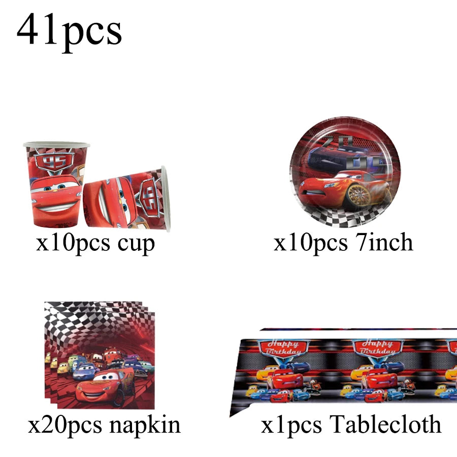 Cars Lightning McQueen Birthday Tableware Set Paper Cups Plates Tablecloth Napkins Banner Gift Bags Festive Event Essentials