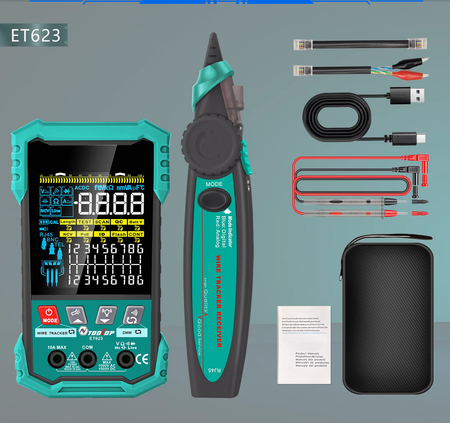 TOOLTOP 3,2-calowy wielofunkcyjny tester kabli sieciowych 400M z testem POE, mapowaniem kabli LAN, multimetrem, NCV i lokalizatorem linii telefonicznych