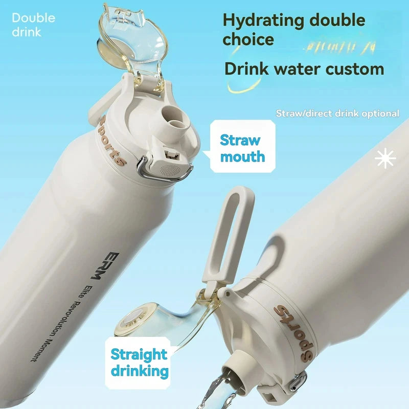 1L Stainless Steel Thermos Bottle, Iced & Heat Insulated Cup, Hiking Cycling Fitness Vacuum Flask with Handle