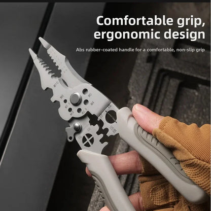 Ergonomic Grip Stainless Steel Electric Plier 8.5" Multi-purpose Wire Stripping Cutting Crimping Hand Tool