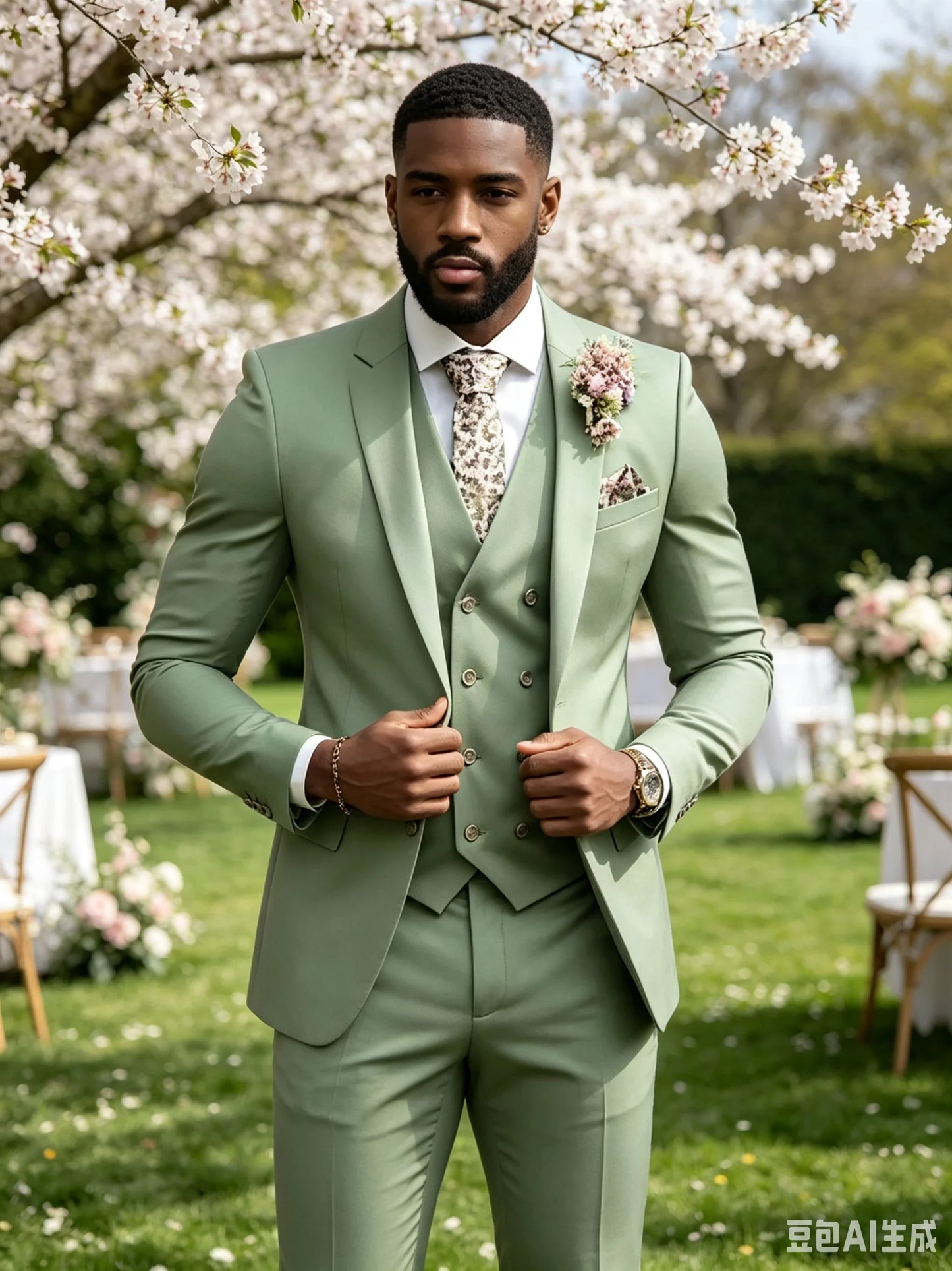 High Quality Green Business Men Suits Slim Fit Male Clothing Elegant Wedding 3 Piece Two Buttons Jacket Vest Pants Party Sets