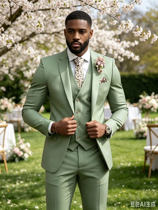 High Quality Green Business Men Suits Slim Fit Male Clothing Elegant Wedding 3 Piece Two Buttons Jacket Vest Pants Party Sets