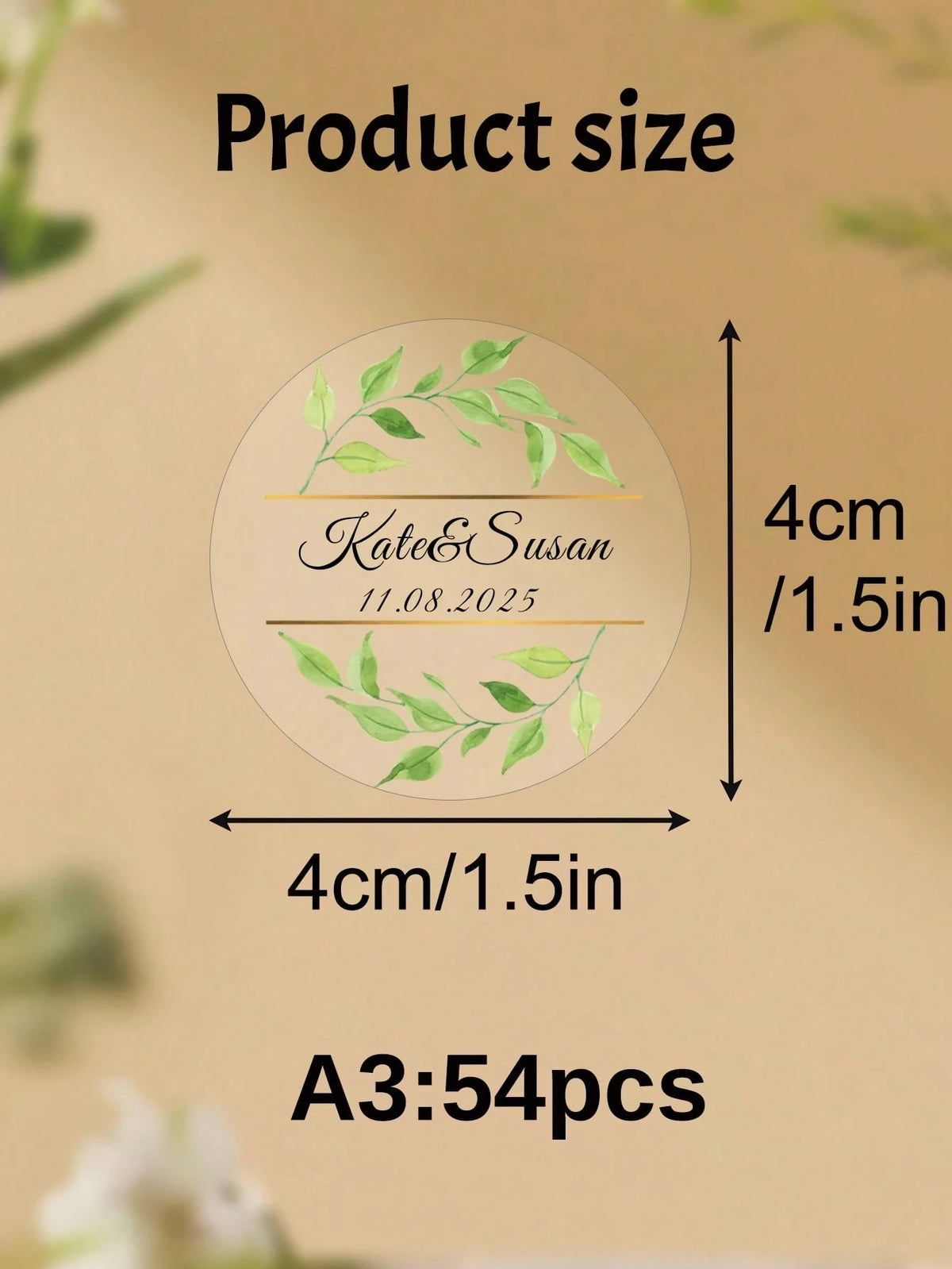 Clear Personalized Wedding Gift Stickers Circle Green Leaf Design Name Date Transparent PVC Waterproof