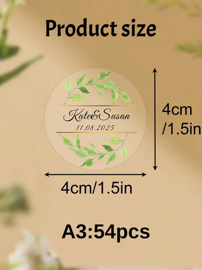Clear Personalized Wedding Gift Stickers Circle Green Leaf Design Name Date Transparent PVC Waterproof