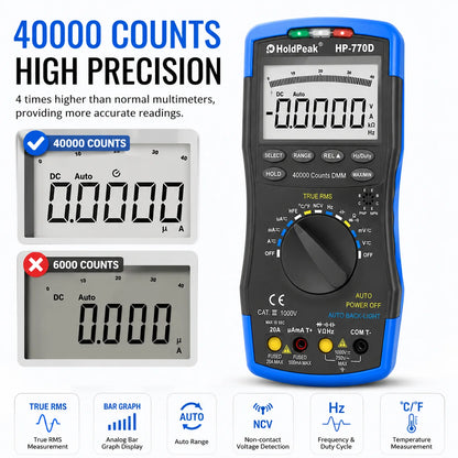 Multimetr cyfrowy HP-770D True RMS 40000 zliczeń z automatycznym wyborem zakresu i funkcją NCV, tester napięcia i prądu z testem temperatury