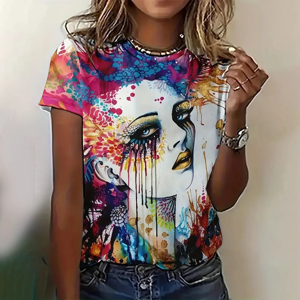 Summer Breathable Women's Fashion Short Sleeve T-Shirt Funny 3d Abstract Face Printed T-Shirts 2024 New Round Neck Tops Tees