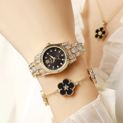 Luxury Gold Crystal Watch Black Clover Jewelry Set | Round Dial | 5-Piece Floral Gift Set for Women