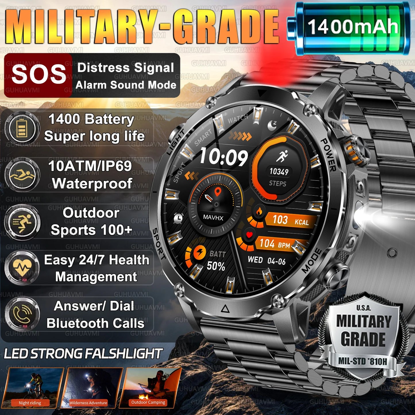 2026 Nowy Wojskowy CZOŁG Smartwatch Połączenia Bluetooth Wodoodporność 10ATM Bateria 1400mAh Monitorowanie Tętna Zegarek Sportowy Outdoor Męski