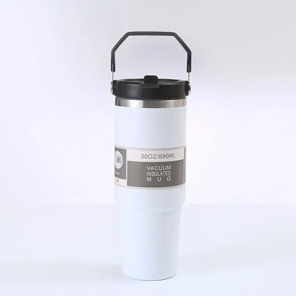 30oz Large Capacity Portable Car Cup Stainless Steel Thermos Cup with Straw & Handle Travel Sports Water Bottle Vacuum Flask