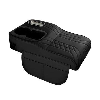 Car Center Console Organizer Non - Slip Leather Armrest Cushion with Side Pocket Tissue Box Cup Holder Black