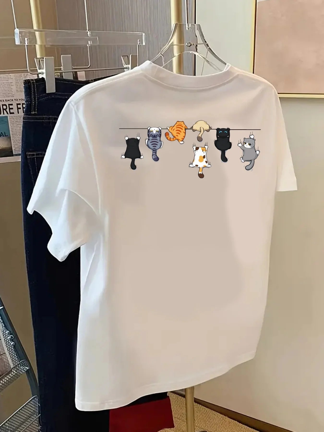 Cartoons Cats Prints T-Shirts Summer Womens Cotton T Shirts Basic O-Neck Oversized Short Sleeve Tops Casual Street Woman Clothes
