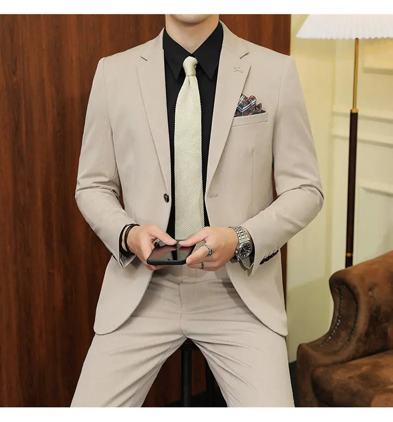 High quality Korean slim fit (suit + trousers) Fashion business handsome casual solid color wedding suit two-piece set