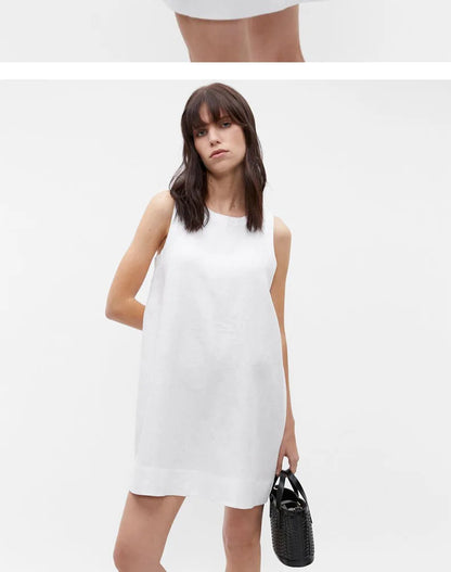 Classic Solid Color Cotton-Linen Women's Dress New Arrival Simple Sleeveless Tank Dress Casual Round-Neck Summer Dresses